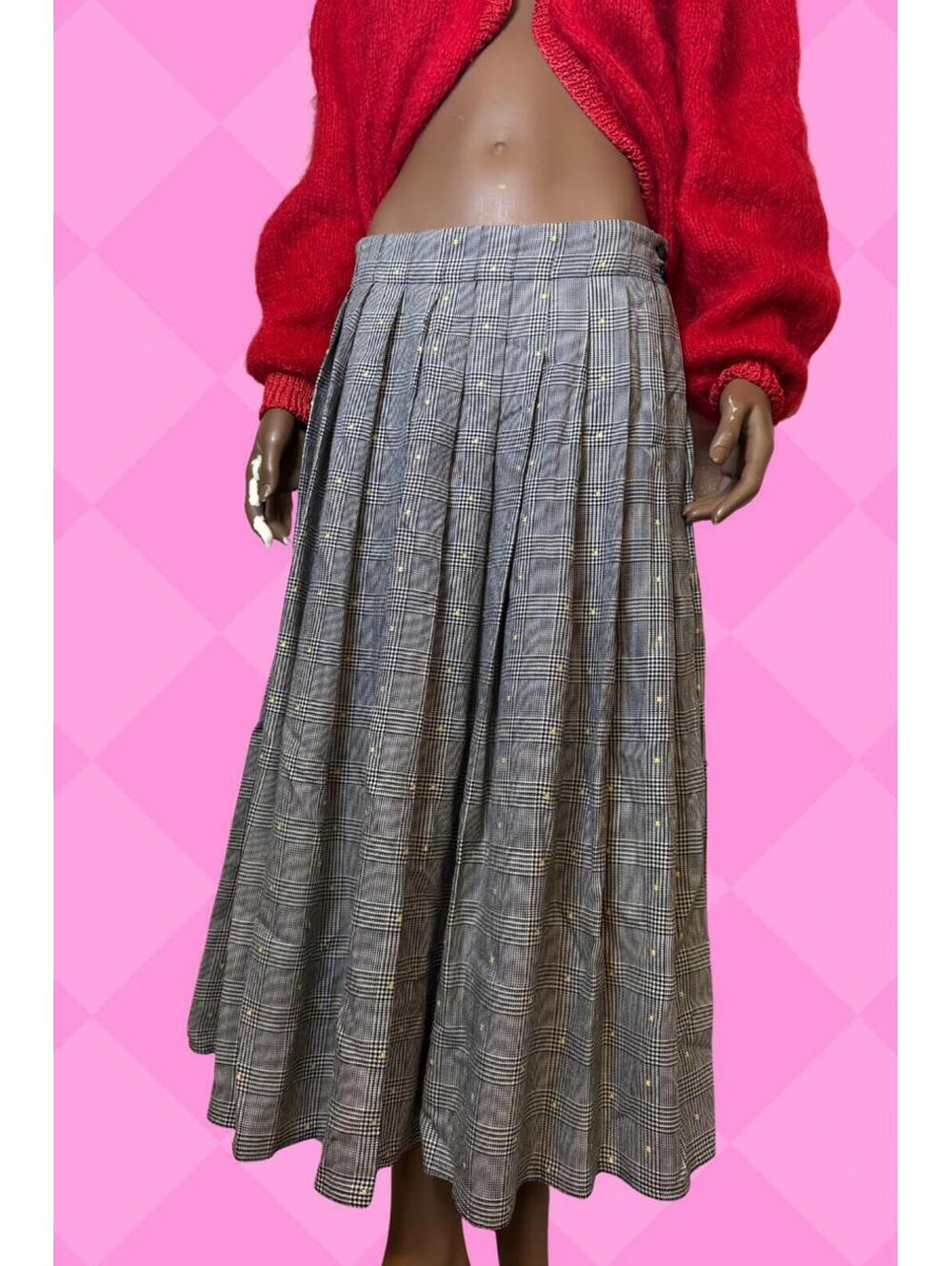 Vintage Simon Chang Pleated Grey Plaid Midi Skirt with yellow Dot Accents M-L
